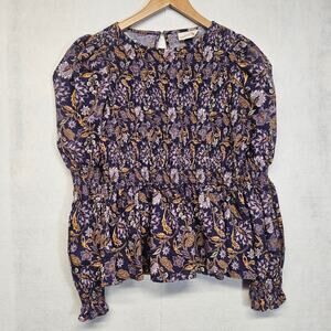 Universal Thread Womens S Small Floral Paisley Smocked Peplum Top Long Sleeve